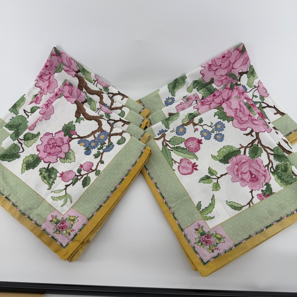 Williams Sonoma Canton Rose Cotton Napkins Set of 8 Floral Pink Green 20x20